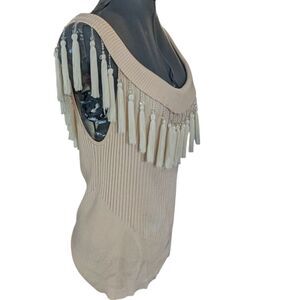 Donna Gray Vintage Silk‎ White Cream  Top With Beaded Fringe Details Women's XL